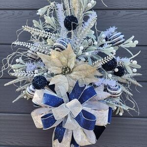 Silver and Blue Christmas Tree Topper, Poinsettia Tree Topper.